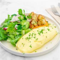 Goat Cheese & Herb Omelette · Filled with goat cheese, and fresh herbs, topped with roasted red pepper romesco sauce. Serv...