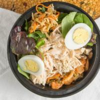 Spicy Chicken Bowl · Brown rice, steamed vegetables or home salad, shredded chicken with gochujang sauce, pumpkin...