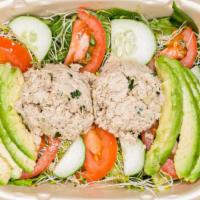 Tuna Avocado · mixed greens, homemade tuna salad, cucumbers, tomatoes, celery, shredded carrots, tahini