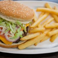 California Cheeseburger · Mayo, ketchup, lettuce, tomatoes onion and French fries.