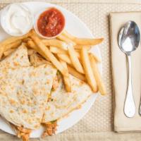 Grilled Chicken Quesadilla · Fried onions and green peppers. Served with sour cream, salsa, cheese, and French fries.