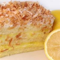 Lemon · Vanilla cake with lemon cream filling and white buttercream frosting.