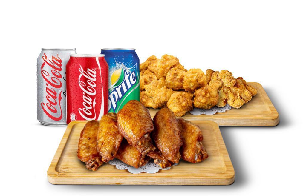 The Wing Lovers Meal · 10 pcs Original Wings, 10 pcs Crispy Wings, Popcorn Chicken, 3 Can Drinks.