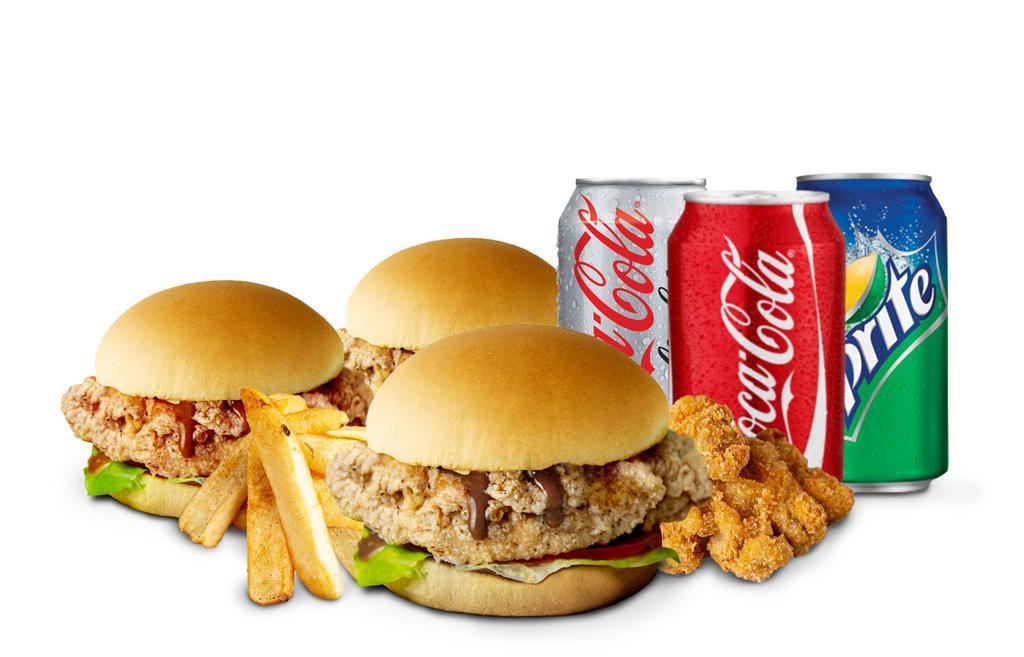 Sandwich Lovers Meal · 3 Chicken Sandwiches, 10 Pieces Popcorn Chicken, French Fries, 3 Can Drinks.