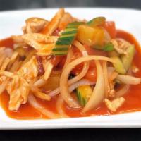 Sweet And Sour · Sauteed cucumbers, tomatoes, onion, pineapple and scallions in sweet and sour sauce.