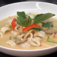 Green Curry (Spicy) · Bamboo shoots, bell pepper, zucchini, eggplant and basil leaf in coconut milk. Gluten free, ...