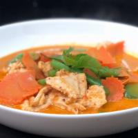 Panang Curry (Spicy) · String beans, bell pepper, carrots and kaffir lime leaf in coconut milk. Gluten free, spicy.
