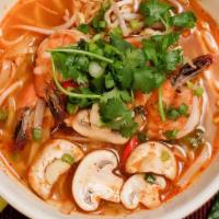 Tom Yum Noodle Soup (Spicy) · Rice noodles with bean sprouts, mushrooms, lime juice and lemongrass in spicy and sour soup....