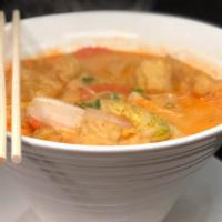Chiang Mai Noodle Soup (Spicy) · Rice noodles in coconut red curry with Napa cabbage, carrots and bean sprouts. Spicy.