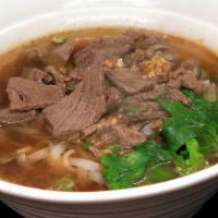 Bangkok Beef Noodle Soup · Rice noodles with sliced beef, Chinese broccoli and bean sprouts in beef broth.