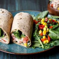 Healthy Southwest Tuna Wrap · Tuna on a wrap, spring mix, sliced red pepper, sliced yellow pepper, shredded carrot. 4oz Is...