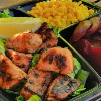 New! Baked Salmon Fish Plate · Baked salmon, sliced lemon, with 2 healthy sides, beets and corn.