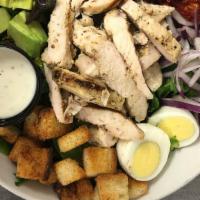 Cobb Salad · Mixed greens, grilled chicken, avocado, bacon, red onion, black olives, hard boiled egg, cro...