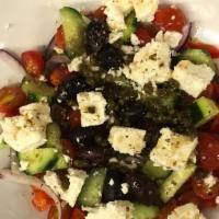 Aegean Farm Salad · Cucumbers, tomatoes, kalamata olives, red onion, green peppers, feta cheese, capers, evoo, v...