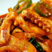 오징어볶음 / Stir-Fried Squid · Ohjinguh Bok eum / Stir-fried squid and vegetables with special spicy sauce. Served with kim...