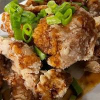 Karaage · Seasoned deep-fried chicken thigh 6pcs . with original sweet soysauce,chili mayonnaise