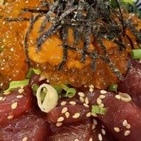 Poke Don Special · Rice topped tuna , hamachi or salmon , classic or spicy mayo and salmon roe(ikura),sea urchi...