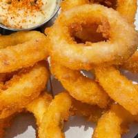 Calamari Fries · Deep-fried breaded calamari ring with chili mayo
