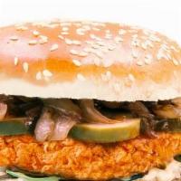 Crispy Chicken Big Burger · House sauce, sauteed onions, mixed greens, pickles and buffalo sauce.