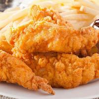 Crispy Chicken Strips (4 Pieces) · 4 large pieces with BBQ, buffalo, or sweet crunchy chili garlic sauce on the side.