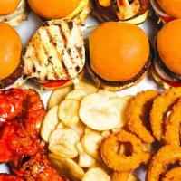 Family Box · Eight of our burgers. (choose up to 2 styles) 8 wings, fries & onion rings. All burgers come...