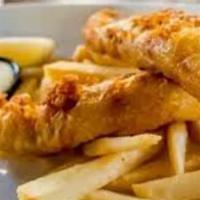 Fish & Chips · 2 Big fish fillet pieces, our signature new triangle fries, & Tartar sauce