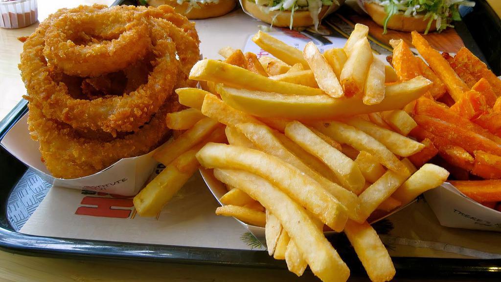 Half And Half · Choose 2: French Fries, onion rings, or sweet potato fries.