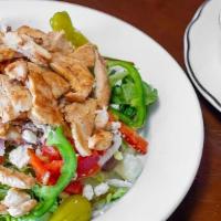 Greek Salad With Chicken · With lettuce, tomato, cucumbers, onions, peppers, pepperoncini, olives, grape leaves & feta ...