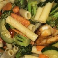 Penne Primavera With Shrimp · Pasta served with fresh sauteed veggies, olive oil & garlic.