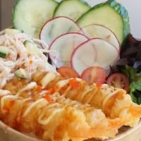 Shrimp Tempura Bowl · Jasmine rice, fried shrimp tempura, crabmeat salad, tomato, cucumber, mixed green, teriyaki ...