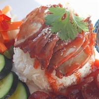 Bbq Roasted Pork Over Rice · BBQ Roasted Pork, Chinese Sausage, Boiled egg, Pickle, Homemade Gravy Topped with sesame see...