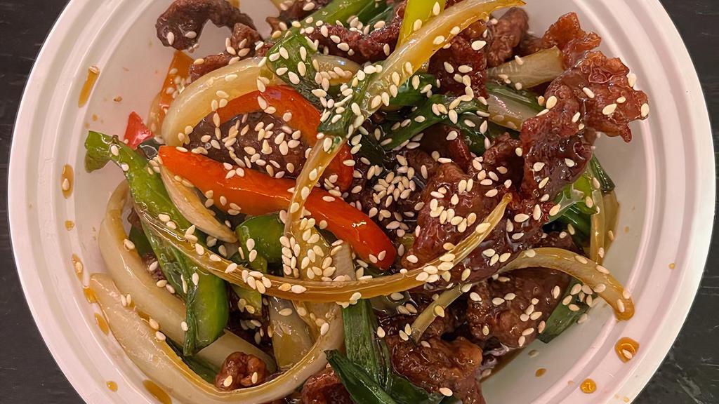 *Crispy Beef · Spicy. Bell pepper and onion with Sesame spice sauce.