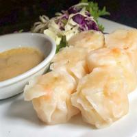 Shumai · Steamed shrimp dumplings with hot mustard.