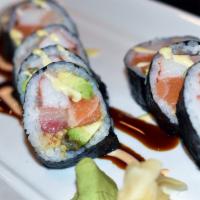 Angel Kiss · Yellowtail, salmon, eel, crabmeat, avocado and pickled squash topped with spicy mayo and eel...