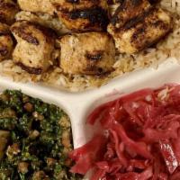 Kafta Kabob Platter · Two skewers of kafta kabob served with rice pilaf and one side choice.