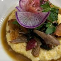 Long Island Duck Confit · creamy grits, tuscan kale, roasted radish, spiced duck jus