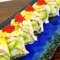 Galaxy Roll · Shrimp tempura, avocado. Topped with kani salad, red tobiko & spicy mango sauce