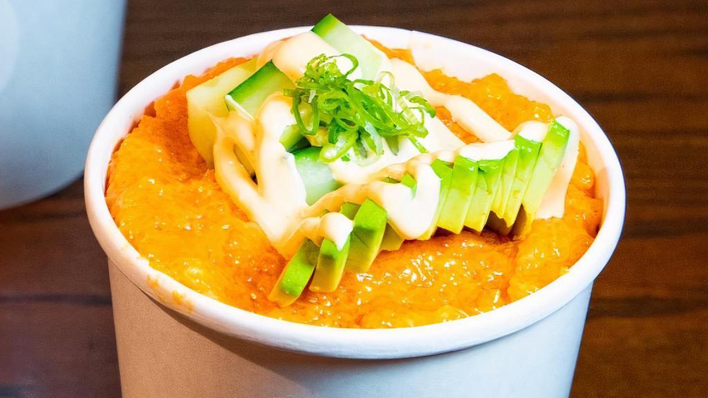 Spicy Salmon Cup · sushi rice, spicy salmon, avocado, cucumber, spicy mayo & scallions