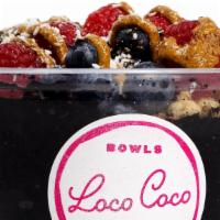 Loco Loco Bowl · Base: organic acai, banana, blueberry, coconut milk. Topping: granola, raspberries, grapes, ...