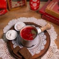 Borsch · The masterpiece of Russian cuisine: flavorful beet soup with beef, served with  bread  sour ...