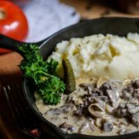 Beef Stroganoff · Strips of Filet Mignon with Mushrooms and Onions in Creamy Mustard Sauce, Served with Buckwh...