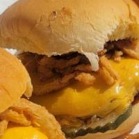 Texas Sliders · 3 Beef Sliders Cooked on The Flat top, Covered in Melted American Cheese, Served on a Martin...