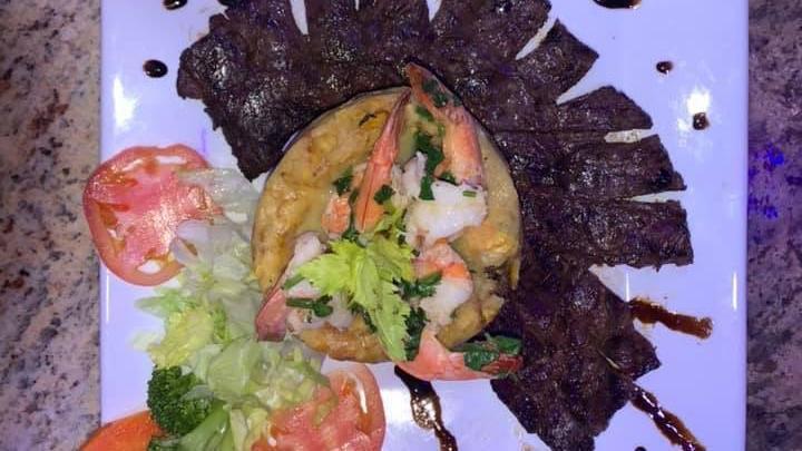 Mofongo De Camarones Y Churrasco · Shrimp & Flank Steak Mofongo