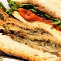 The Grandma Anna Sandwich · Fried eggplant, fresh mozzarella and roasted peppers.