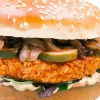 Crispy Chicken Big Burger (1/4 Lb) · House sauce, sauteed onions, mixed greens, pickles and buffalo sauce.