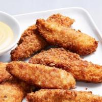 Crispy Chicken Strips (4 Pieces) · 4 large pieces with BBQ, buffalo, or sweet crunchy chili garlic sauce on the side.