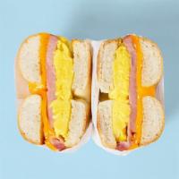 Taylor Ham Egg And Cheese Bagel · Choice of bagel with Taylor ham, 2 scrambled eggs, and cheese.