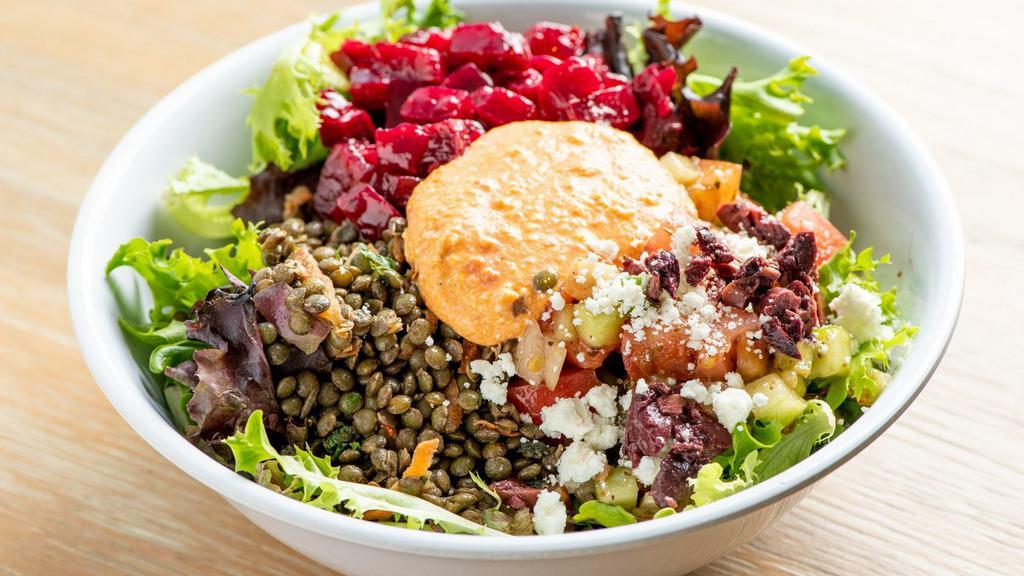 The Mediterranean Bowl · Gluten-free. Vegan. Spicy. Organic greens, greek salad, lentil salad, beet salad, Feta spread.
