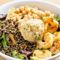 Wild Shrimp Salad · Gluten-free. Organic greens, wild shrimp, lentil salad, chickpea salad, roasted eggplant.