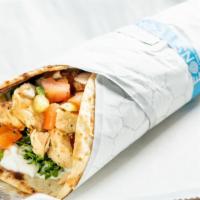 Eons Chicken Wrap · Chicken, greek salad, tzadziki, organic greens.